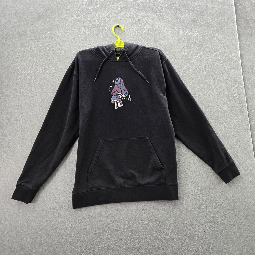 Vans Men Hoodie M Black Graphic Fleece Mushrooms Embroidered Skate Pullover